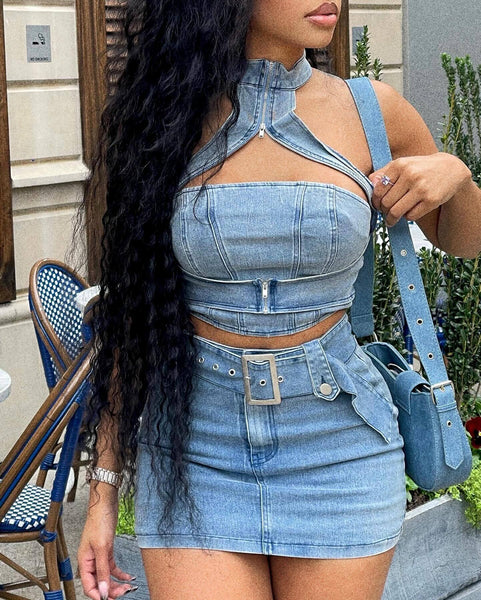 Halter Denim Skirt Set