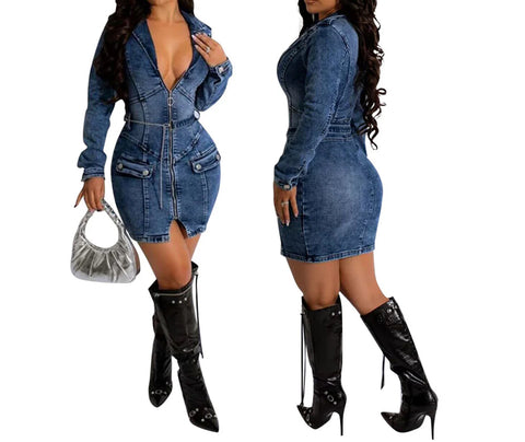 Classy Denim Zipper Dress