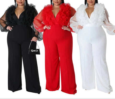 Deep V-Neck Sleeved Jumpsuit