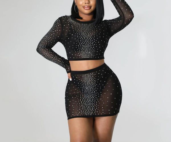 Mesh Rhinestone Skirt Set