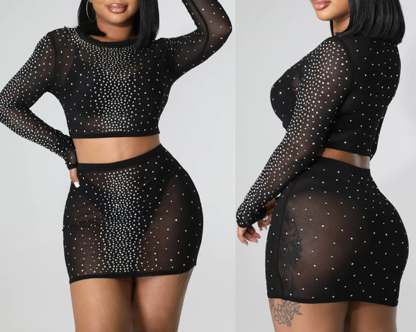 Mesh Rhinestone Skirt Set