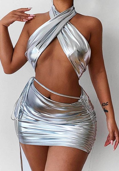 Metallic Halter Skirt Set