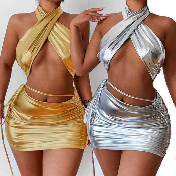 Metallic Halter Skirt Set