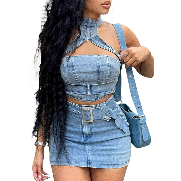 Halter Denim Skirt Set