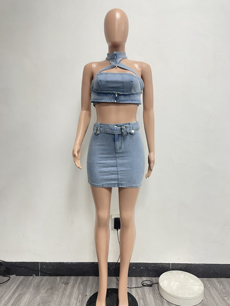 Halter Denim Skirt Set