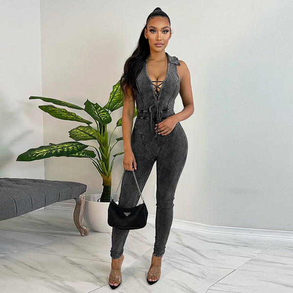 Solid Denim Drawstring Jumpsuit