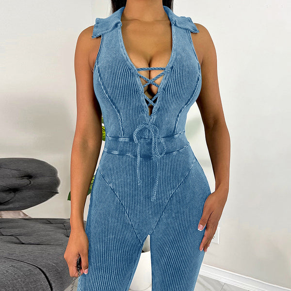 Solid Denim Drawstring Jumpsuit