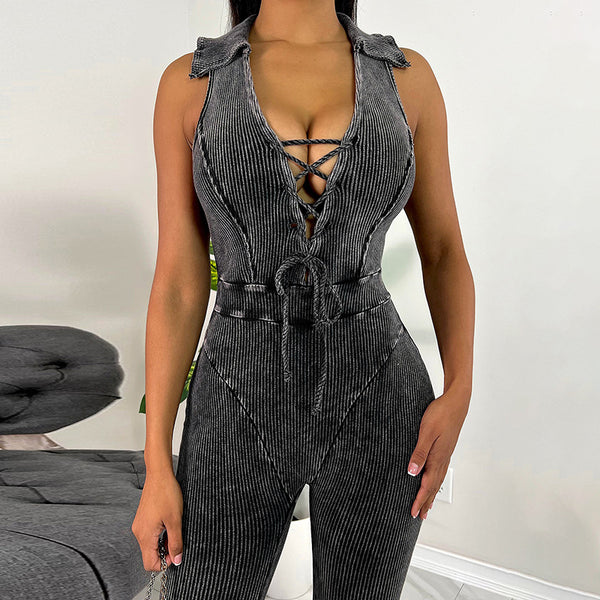 Solid Denim Drawstring Jumpsuit