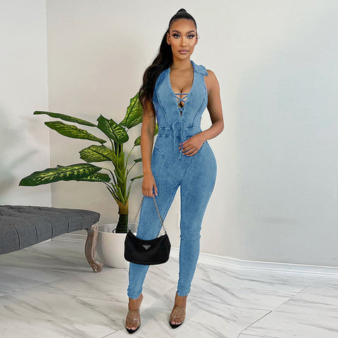 Solid Denim Drawstring Jumpsuit